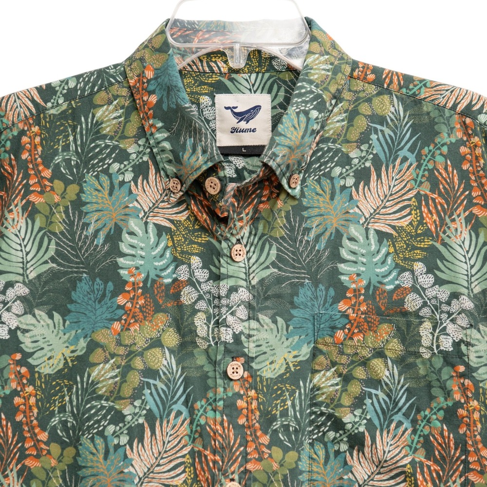 Yiume‎ Tropical Leaf Print Mens L Cotton Wood Buttons Resortwear Earthy Island